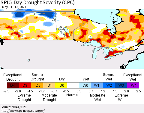 Canada SPI 5-Day Drought Severity (CPC) Thematic Map For 5/11/2021 - 5/15/2021