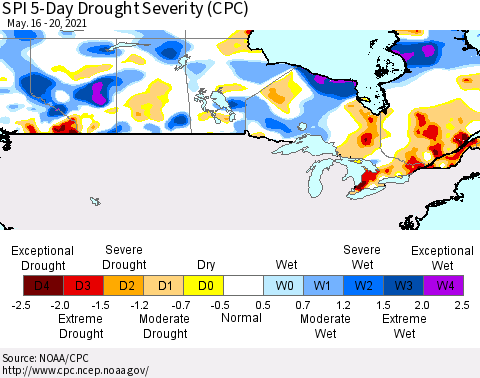Canada SPI 5-Day Drought Severity (CPC) Thematic Map For 5/16/2021 - 5/20/2021
