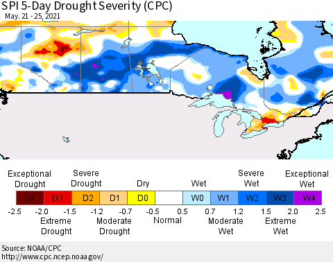 Canada SPI 5-Day Drought Severity (CPC) Thematic Map For 5/21/2021 - 5/25/2021