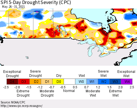 Canada SPI 5-Day Drought Severity (CPC) Thematic Map For 5/26/2021 - 5/31/2021