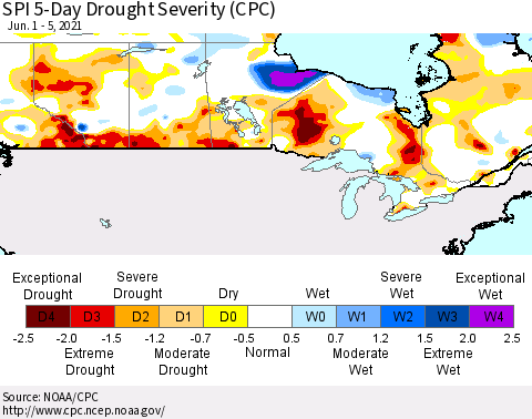 Canada SPI 5-Day Drought Severity (CPC) Thematic Map For 6/1/2021 - 6/5/2021