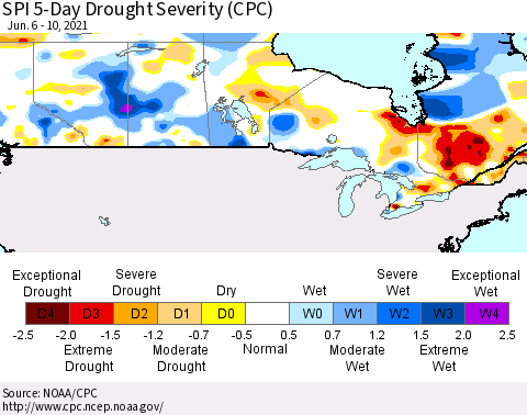 Canada SPI 5-Day Drought Severity (CPC) Thematic Map For 6/6/2021 - 6/10/2021