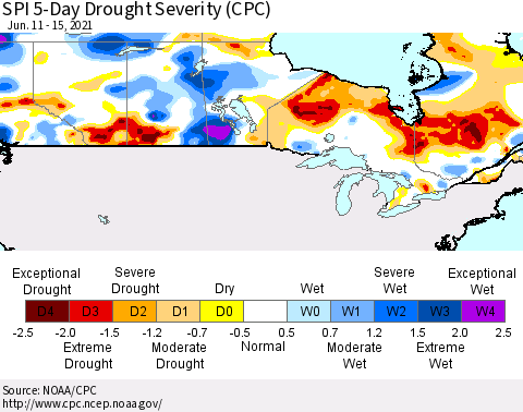 Canada SPI 5-Day Drought Severity (CPC) Thematic Map For 6/11/2021 - 6/15/2021