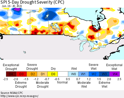 Canada SPI 5-Day Drought Severity (CPC) Thematic Map For 6/16/2021 - 6/20/2021