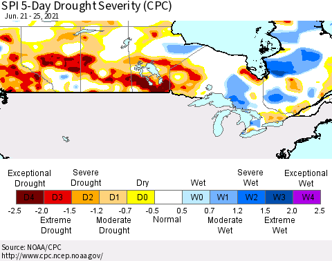 Canada SPI 5-Day Drought Severity (CPC) Thematic Map For 6/21/2021 - 6/25/2021