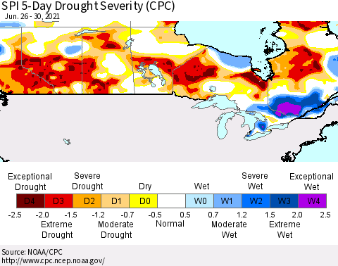 Canada SPI 5-Day Drought Severity (CPC) Thematic Map For 6/26/2021 - 6/30/2021