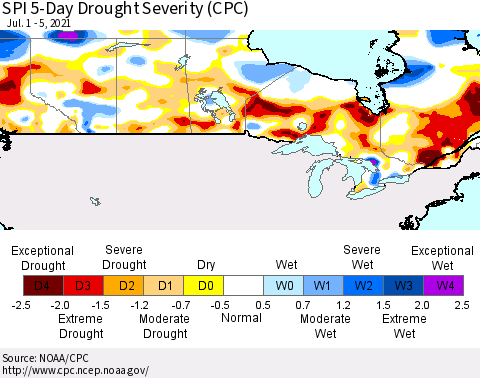 Canada SPI 5-Day Drought Severity (CPC) Thematic Map For 7/1/2021 - 7/5/2021