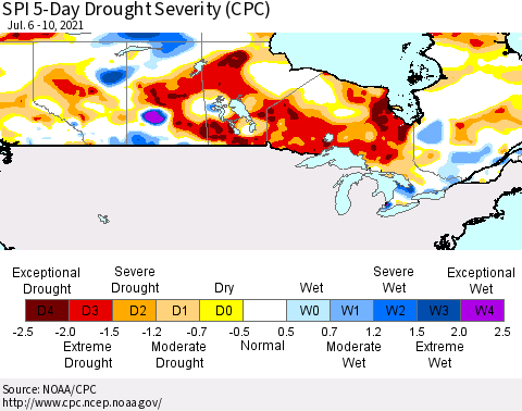 Canada SPI 5-Day Drought Severity (CPC) Thematic Map For 7/6/2021 - 7/10/2021