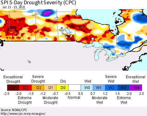 Canada SPI 5-Day Drought Severity (CPC) Thematic Map For 7/11/2021 - 7/15/2021