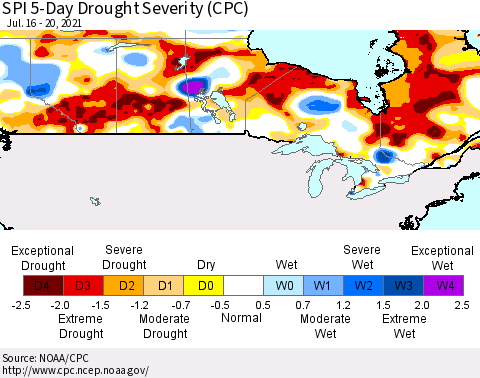 Canada SPI 5-Day Drought Severity (CPC) Thematic Map For 7/16/2021 - 7/20/2021