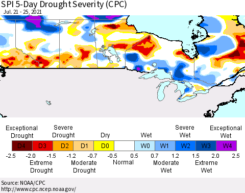 Canada SPI 5-Day Drought Severity (CPC) Thematic Map For 7/21/2021 - 7/25/2021