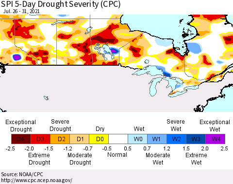 Canada SPI 5-Day Drought Severity (CPC) Thematic Map For 7/26/2021 - 7/31/2021