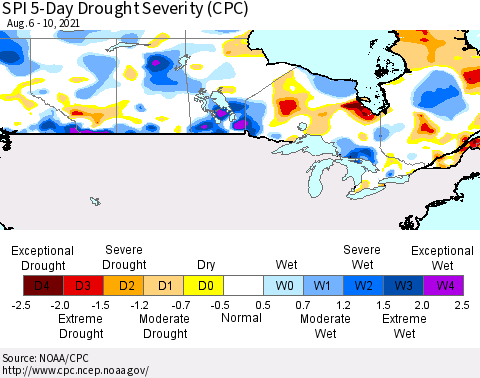 Canada SPI 5-Day Drought Severity (CPC) Thematic Map For 8/6/2021 - 8/10/2021