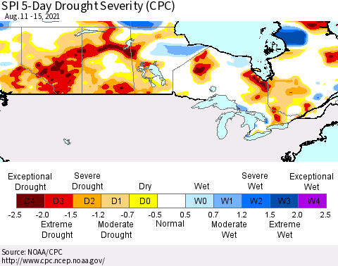 Canada SPI 5-Day Drought Severity (CPC) Thematic Map For 8/11/2021 - 8/15/2021