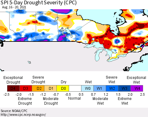 Canada SPI 5-Day Drought Severity (CPC) Thematic Map For 8/16/2021 - 8/20/2021