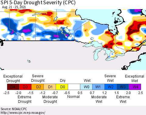 Canada SPI 5-Day Drought Severity (CPC) Thematic Map For 8/21/2021 - 8/25/2021