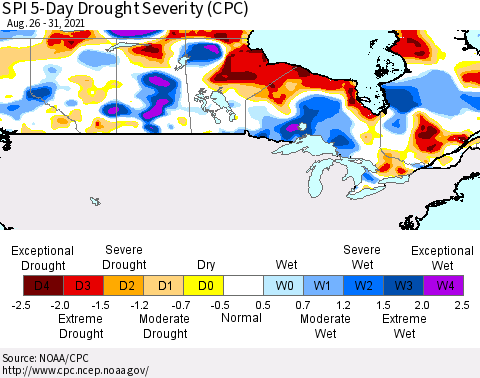 Canada SPI 5-Day Drought Severity (CPC) Thematic Map For 8/26/2021 - 8/31/2021
