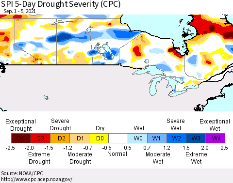 Canada SPI 5-Day Drought Severity (CPC) Thematic Map For 9/1/2021 - 9/5/2021
