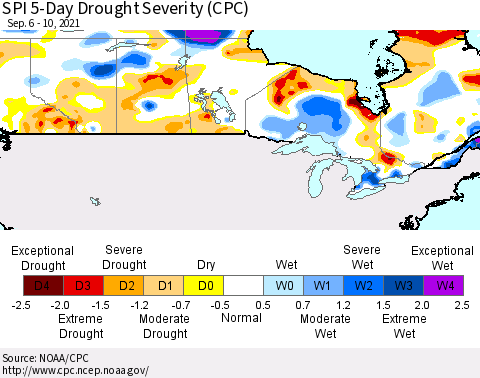 Canada SPI 5-Day Drought Severity (CPC) Thematic Map For 9/6/2021 - 9/10/2021