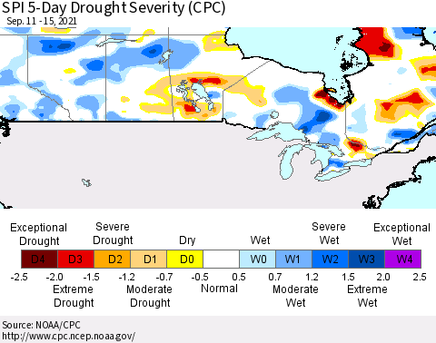 Canada SPI 5-Day Drought Severity (CPC) Thematic Map For 9/11/2021 - 9/15/2021