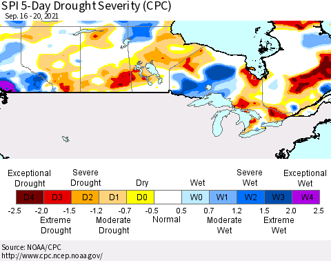 Canada SPI 5-Day Drought Severity (CPC) Thematic Map For 9/16/2021 - 9/20/2021