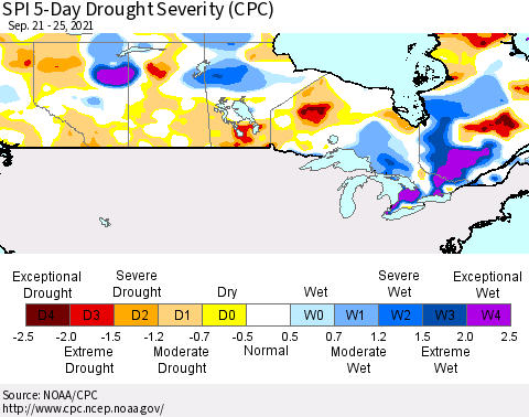 Canada SPI 5-Day Drought Severity (CPC) Thematic Map For 9/21/2021 - 9/25/2021