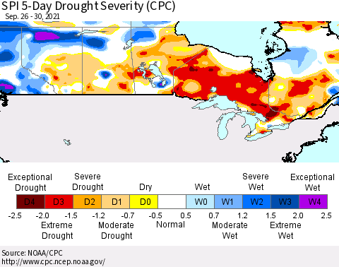 Canada SPI 5-Day Drought Severity (CPC) Thematic Map For 9/26/2021 - 9/30/2021