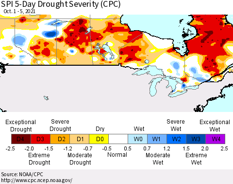 Canada SPI 5-Day Drought Severity (CPC) Thematic Map For 10/1/2021 - 10/5/2021