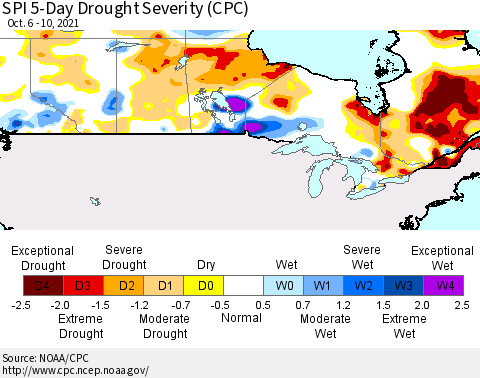 Canada SPI 5-Day Drought Severity (CPC) Thematic Map For 10/6/2021 - 10/10/2021