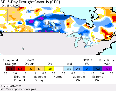 Canada SPI 5-Day Drought Severity (CPC) Thematic Map For 10/11/2021 - 10/15/2021
