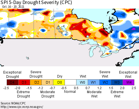 Canada SPI 5-Day Drought Severity (CPC) Thematic Map For 10/16/2021 - 10/20/2021