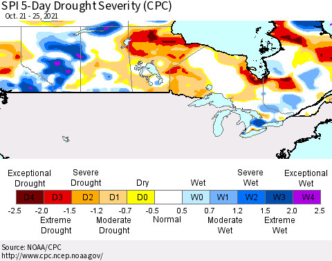 Canada SPI 5-Day Drought Severity (CPC) Thematic Map For 10/21/2021 - 10/25/2021