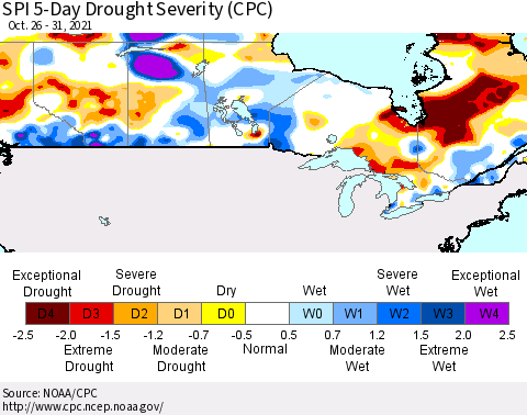 Canada SPI 5-Day Drought Severity (CPC) Thematic Map For 10/26/2021 - 10/31/2021