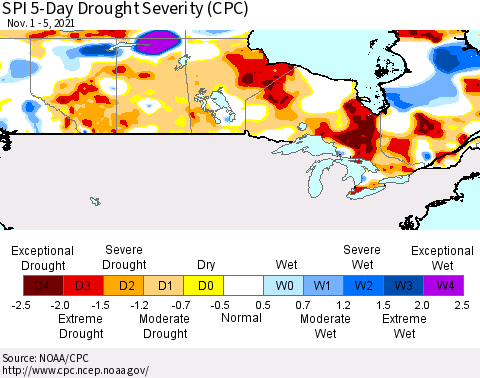 Canada SPI 5-Day Drought Severity (CPC) Thematic Map For 11/1/2021 - 11/5/2021