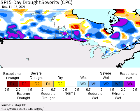 Canada SPI 5-Day Drought Severity (CPC) Thematic Map For 11/11/2021 - 11/15/2021