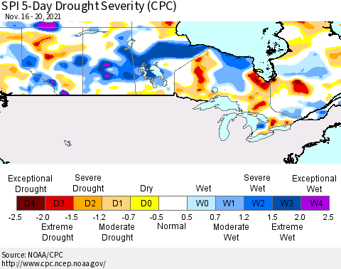 Canada SPI 5-Day Drought Severity (CPC) Thematic Map For 11/16/2021 - 11/20/2021