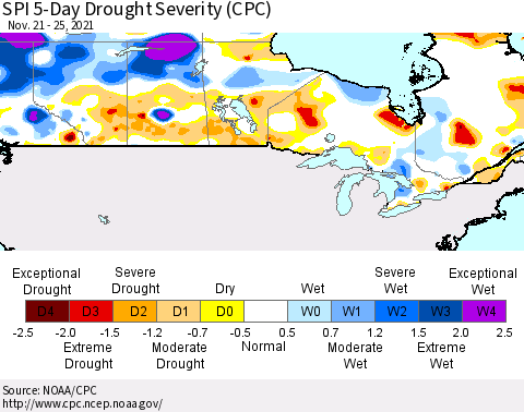 Canada SPI 5-Day Drought Severity (CPC) Thematic Map For 11/21/2021 - 11/25/2021