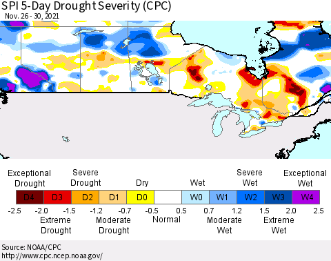 Canada SPI 5-Day Drought Severity (CPC) Thematic Map For 11/26/2021 - 11/30/2021
