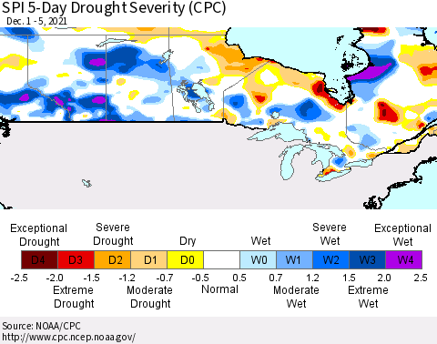 Canada SPI 5-Day Drought Severity (CPC) Thematic Map For 12/1/2021 - 12/5/2021