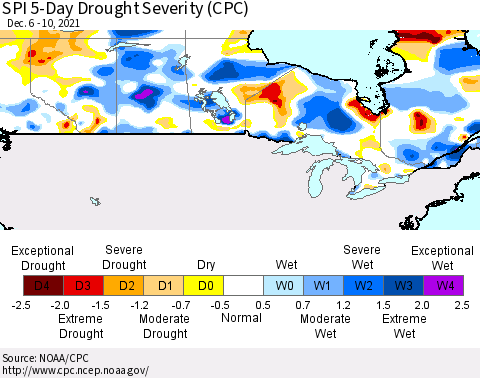 Canada SPI 5-Day Drought Severity (CPC) Thematic Map For 12/6/2021 - 12/10/2021