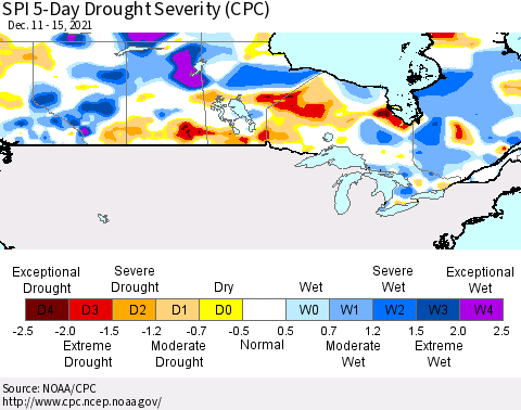 Canada SPI 5-Day Drought Severity (CPC) Thematic Map For 12/11/2021 - 12/15/2021