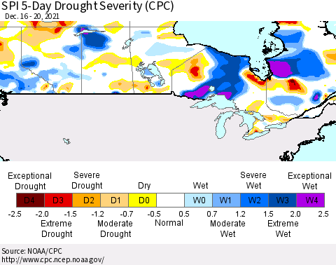 Canada SPI 5-Day Drought Severity (CPC) Thematic Map For 12/16/2021 - 12/20/2021
