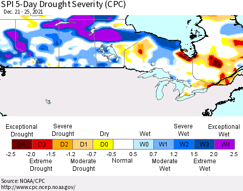 Canada SPI 5-Day Drought Severity (CPC) Thematic Map For 12/21/2021 - 12/25/2021