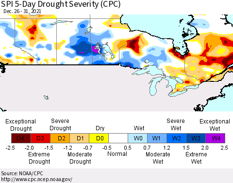 Canada SPI 5-Day Drought Severity (CPC) Thematic Map For 12/26/2021 - 12/31/2021