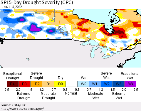 Canada SPI 5-Day Drought Severity (CPC) Thematic Map For 1/1/2022 - 1/5/2022