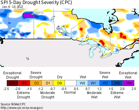 Canada SPI 5-Day Drought Severity (CPC) Thematic Map For 1/6/2022 - 1/10/2022
