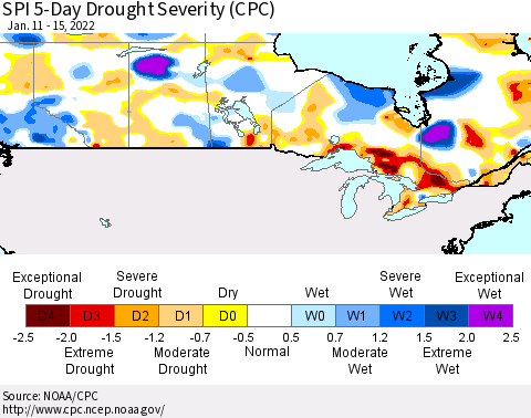 Canada SPI 5-Day Drought Severity (CPC) Thematic Map For 1/11/2022 - 1/15/2022