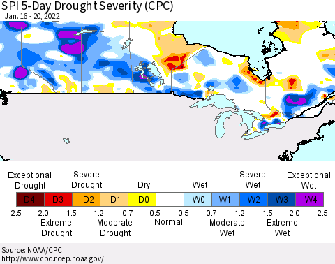 Canada SPI 5-Day Drought Severity (CPC) Thematic Map For 1/16/2022 - 1/20/2022