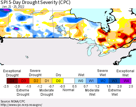 Canada SPI 5-Day Drought Severity (CPC) Thematic Map For 1/21/2022 - 1/25/2022