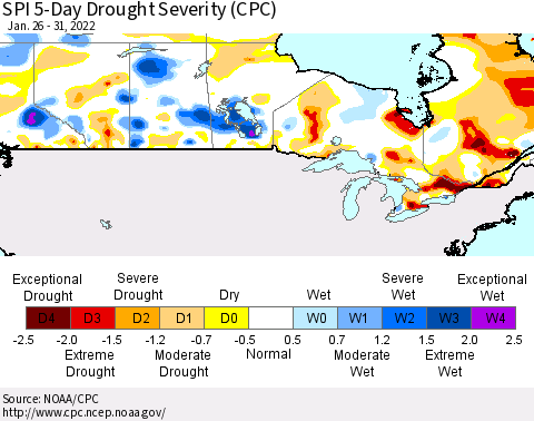 Canada SPI 5-Day Drought Severity (CPC) Thematic Map For 1/26/2022 - 1/31/2022